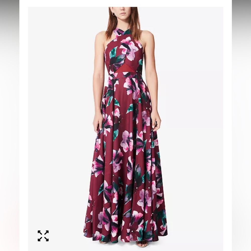 Fame and Partners Purplish/Red Romantic Floral Print Crisscross Front Gown 6